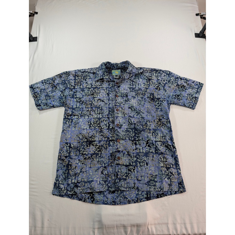 Mutiara Art Bali Mens Large Cotton Batik Tribal Print Button Up Shirt Blue Green